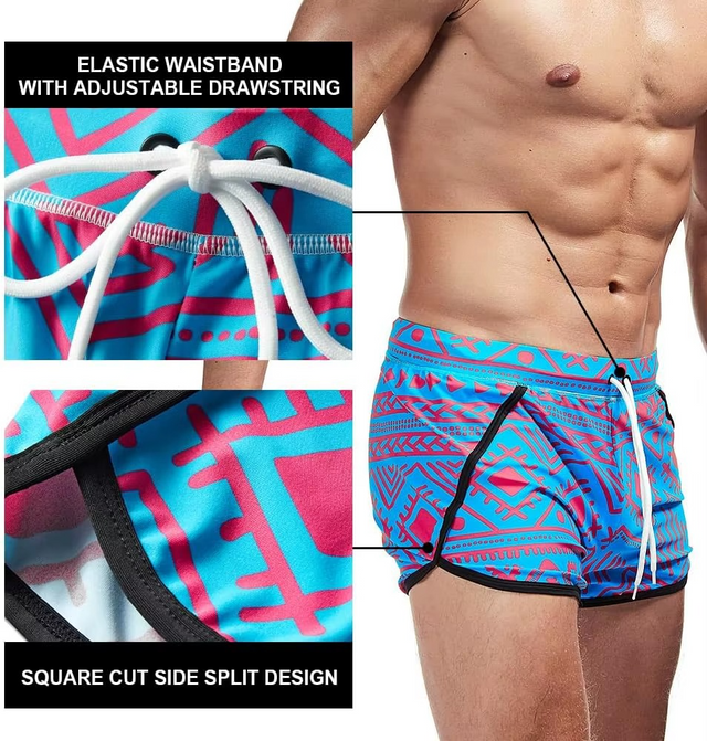 Men's swim trunks with a bright blue and pink geometric tribal pattern, shown on a model. The image includes two detail callouts: one showing an elastic waistband with an adjustable white drawstring, and another showing a square cut side split design with black trim.