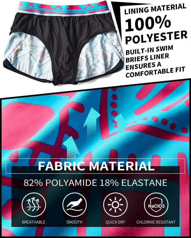 Black swim briefs with a white and blue geometric patterned lining, shown with promotional text overlays highlighting 100% polyester lining material and fabric composition of 82% polyamide and 18% elastane.