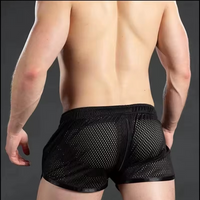 Black mesh underwear worn by a person on a dark background