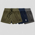 Three pairs of athletic shorts in olive green, navy blue, and gray, arranged in a row against a light gray background. Each pair features a drawstring waist, side pockets, and a small skull logo near the hem.