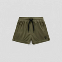 Olive green athletic shorts with a black drawstring and a small black skull logo on the lower left leg, displayed flat against a light gray background.