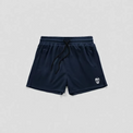 Navy blue athletic shorts with a black drawstring and a small white skull logo on the lower left leg, shown flat on a light gray background.