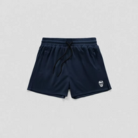 Navy blue athletic shorts with a black drawstring and a small white skull logo on the lower left leg, shown flat on a light gray background.