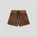 A pair of brown athletic shorts with a black drawstring and a small black logo on the lower left leg, displayed flat against a light gray background.