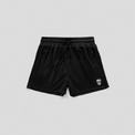 Black athletic shorts with a drawstring waist and a small white skull logo on the lower left leg, shown flat on a light gray background.