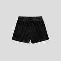 Black athletic shorts with an elastic drawstring waistband and side pockets, shown flat against a light gray background.