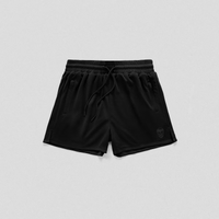 Black athletic shorts with an elastic drawstring waistband and side pockets, shown flat against a light gray background.