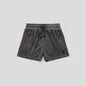 Dark gray athletic shorts with an elastic drawstring waist and a small black skull logo on the lower left leg, shown flat on a light gray background.