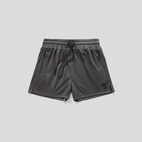 Dark gray athletic shorts with an elastic drawstring waist and a small black skull logo on the lower left leg, shown flat on a light gray background.