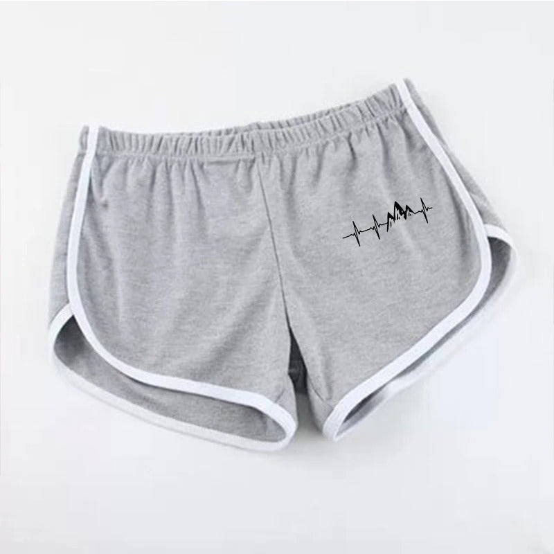 Gray shorts with a black design on a white background